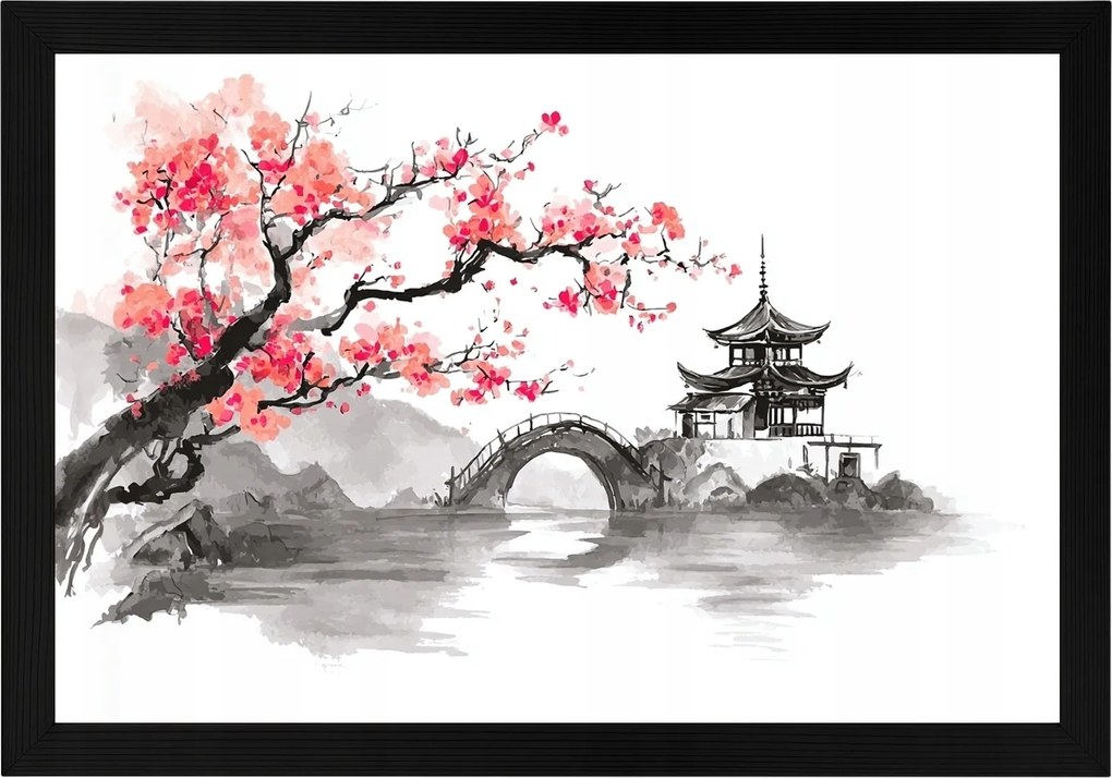 Poszter Keret Fa Ázsia Kína Pagoda Híd Cseresznyefa Sakura 60x40