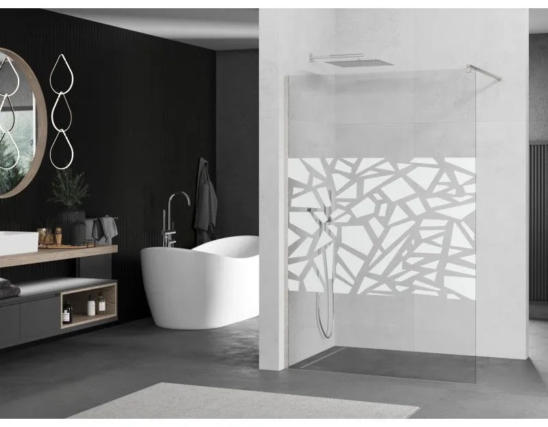 Mexen Kioto, Walk-In zuhany paraván 140 x 200 cm, 8 mm átlátszó üveg fehér mintás, csiszolt acél profil, 800-140-101-97-85