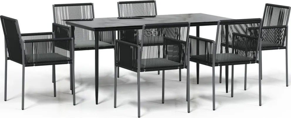 vidaXL 7 részes fekete polyrattan és acél kerti étkezőszett párnával