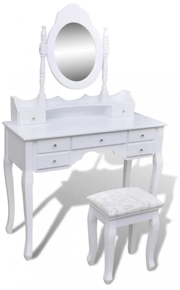 7 fiókos fehér fésülködőasztal tükörrel és zsámollyal