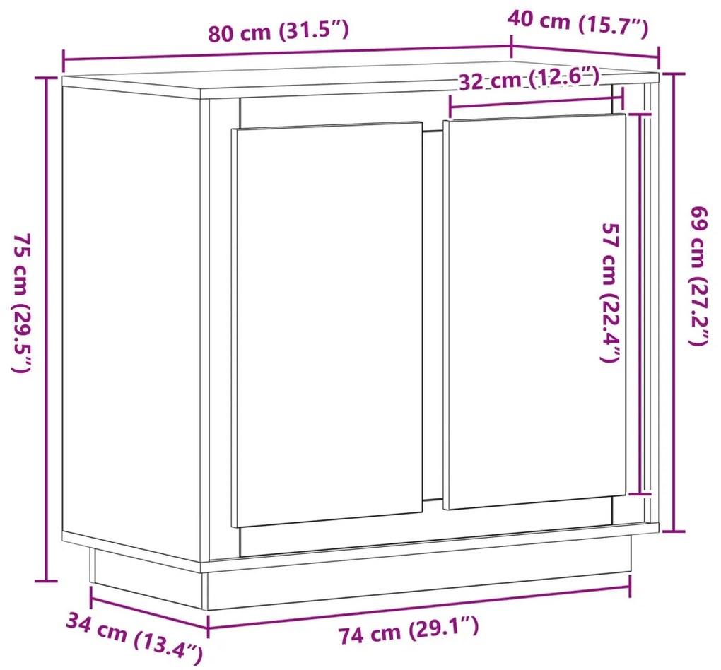 Oldalszekrény Fekete Tölgy 80x34x75 cm Műszaki Fa