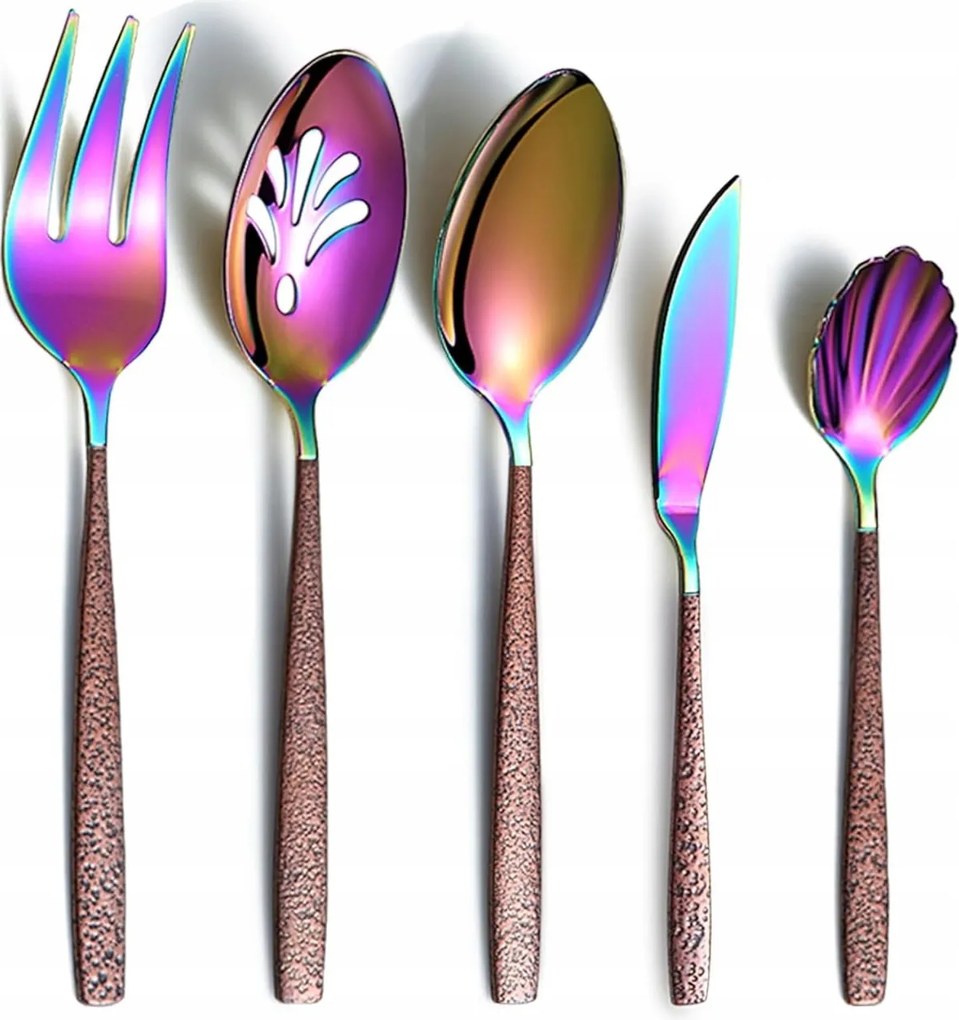 Rozsdamentes acél evőeszköz készlet 5 db-os barna fogantyú szivárvány fej