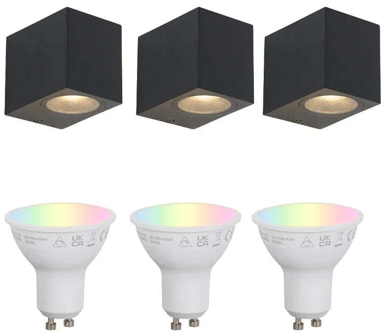 3 darabos okos fali lámpa szett fekete GU10 50mm IP44 - Baleno