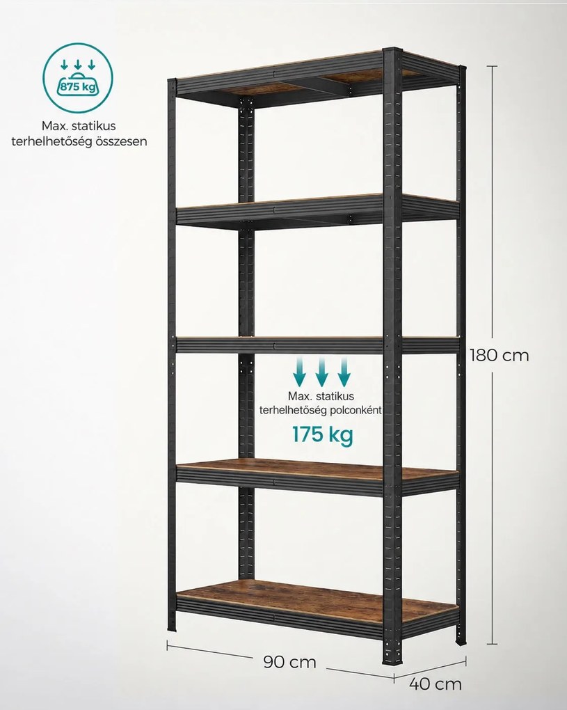 Nagy teherbírású tárolópolc, 5 állítható polccal, 875 kg teherbírás, 90 x 40 x 180 cm, rusztikus barna/fekete