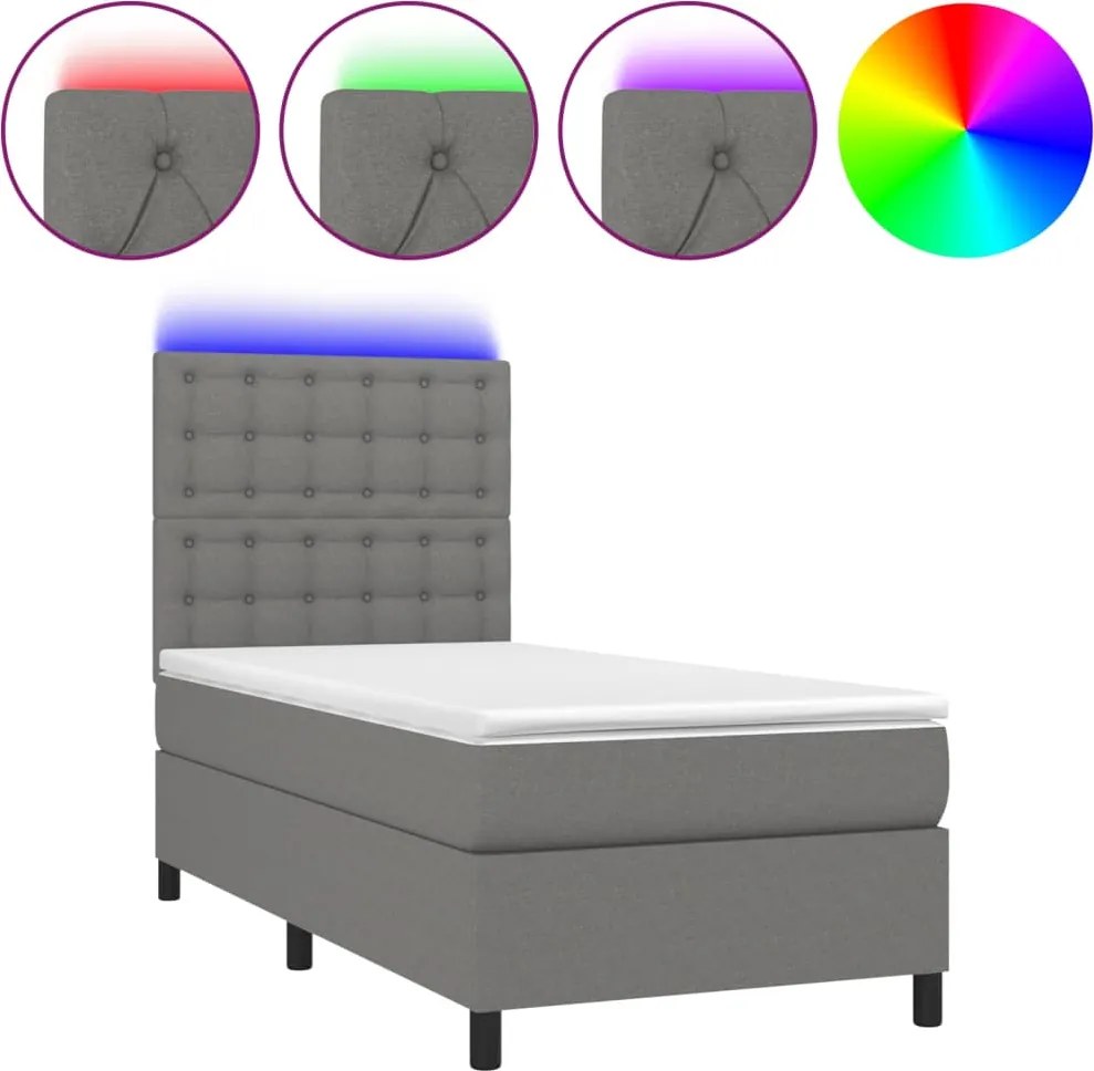vidaXL sötétszürke szövet rugós és LED-es ágy matraccal 100x200 cm