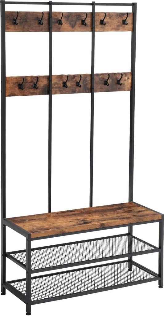 Előszobafal cipőpaddal, 12 akasztóval és 2 hálós cipőpolccal, 100 x 40 x 184 cm, rusztikus barna/fekete