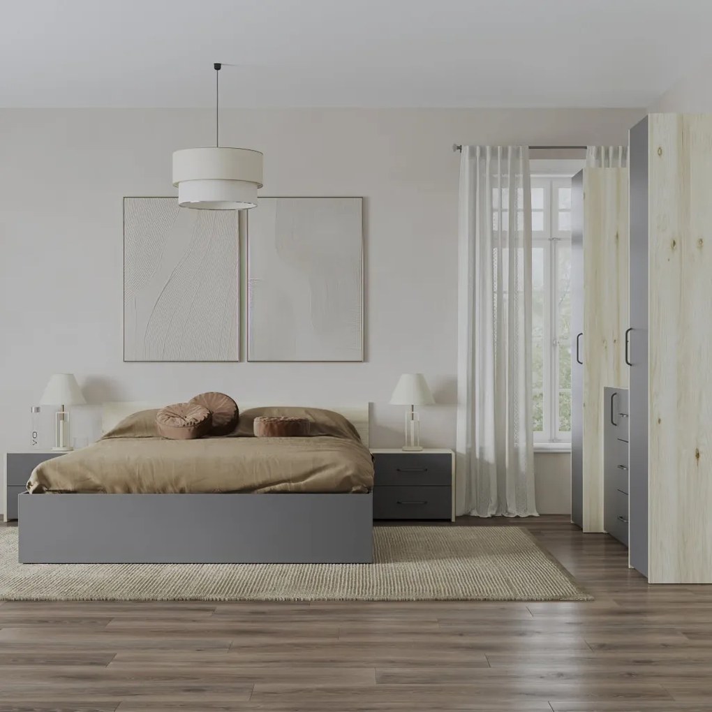 Malmo V5 hálószoba szett 160 x 200 cm-es ággyal, Fehér tölgy / Antracit