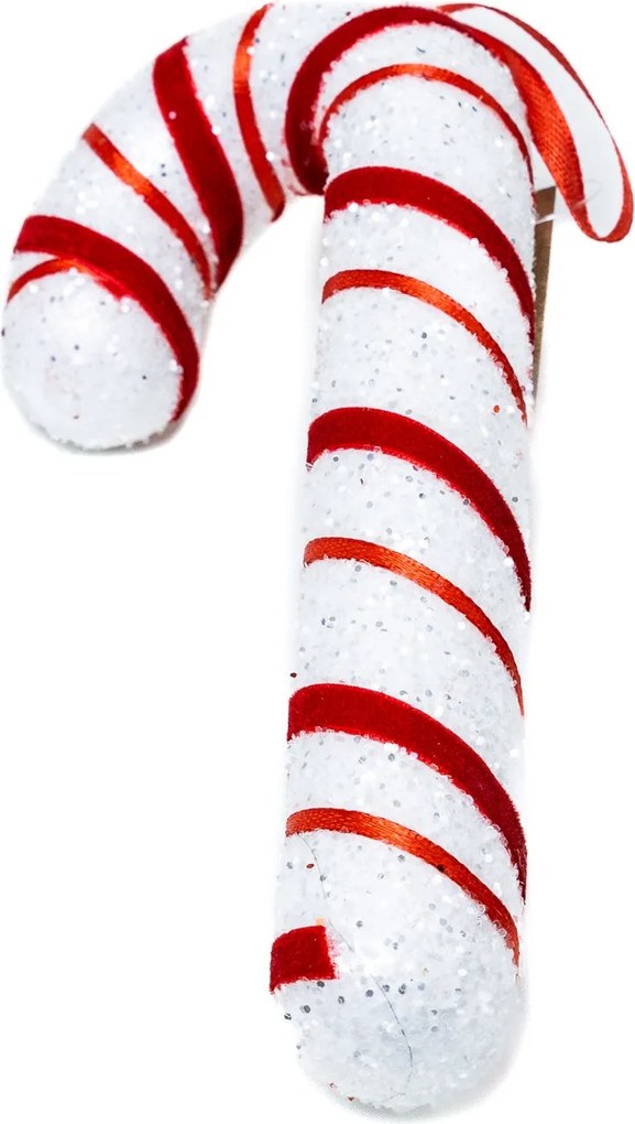 Fehér cukorpálca dísz piros masnival 16.5 cm Fehér, piros-fehér szalag