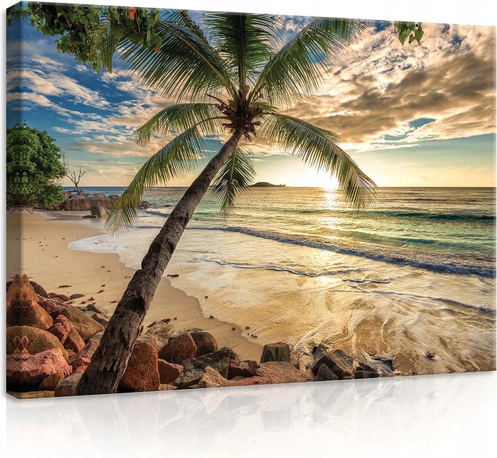 Vászonkép 70x50 Trópusi tengerpart naplemente pálmafa tenger nyugalom nyaralás