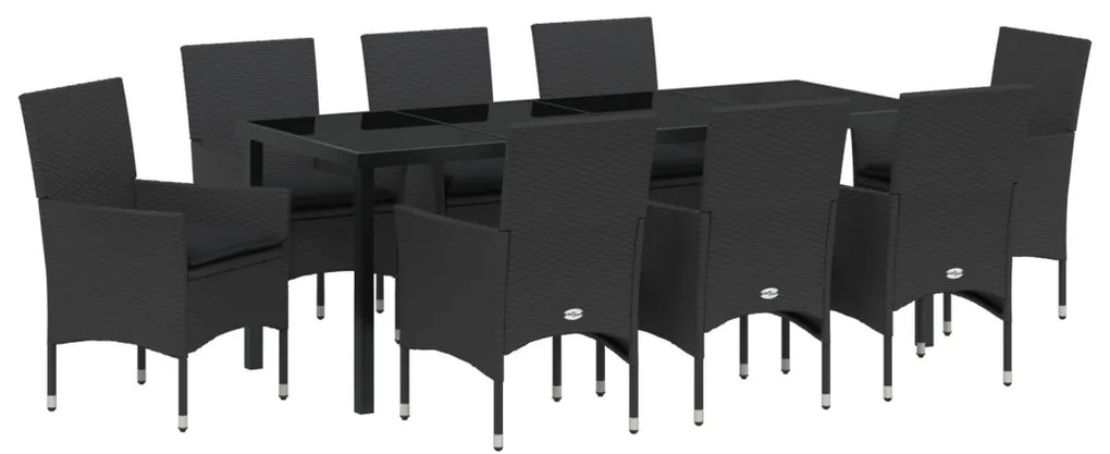 9 Darabos Kerti Étkezősor Párnákkal Fekete Poli Rattan, Kerti Asztal Fekete 200x80x73 cm Edzett Üveg