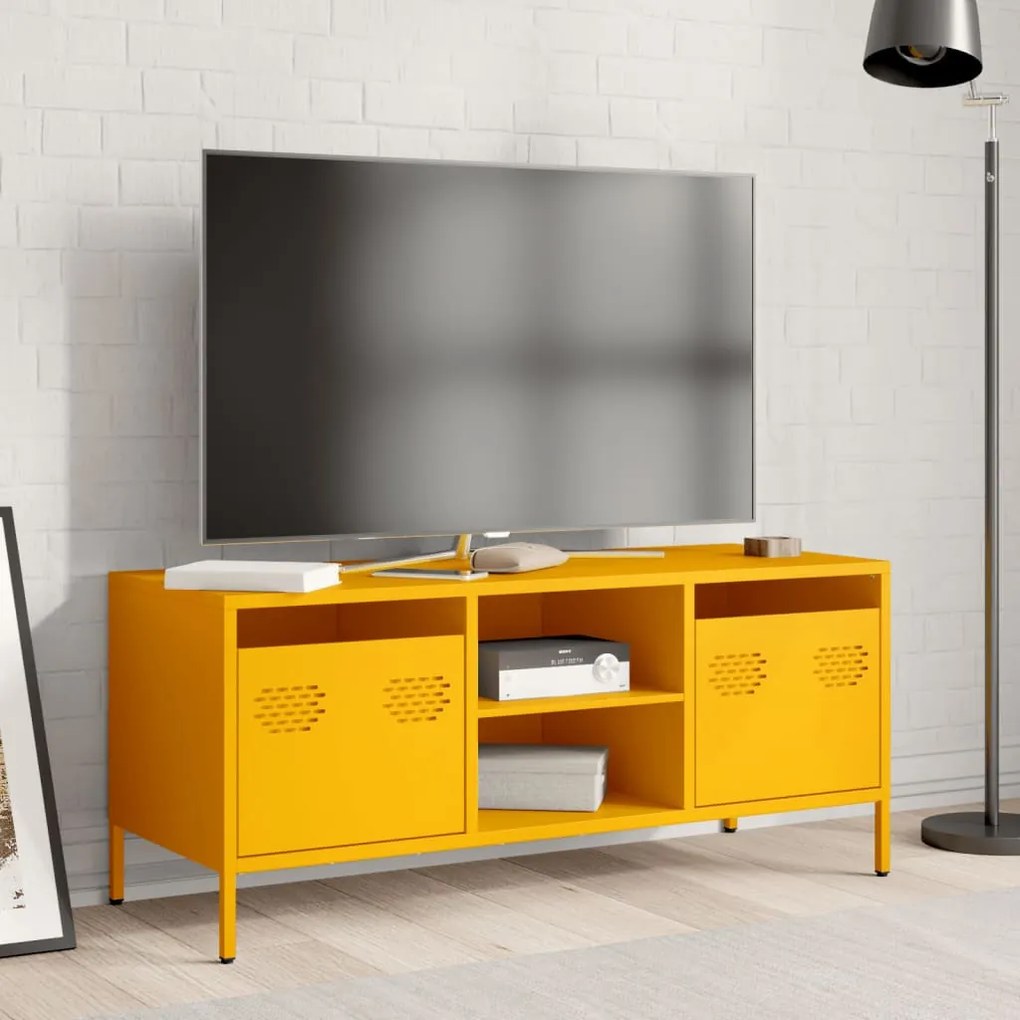 mustársárga hidegen hengerelt acél TV-szekrény 101,5x39x43,5 cm
