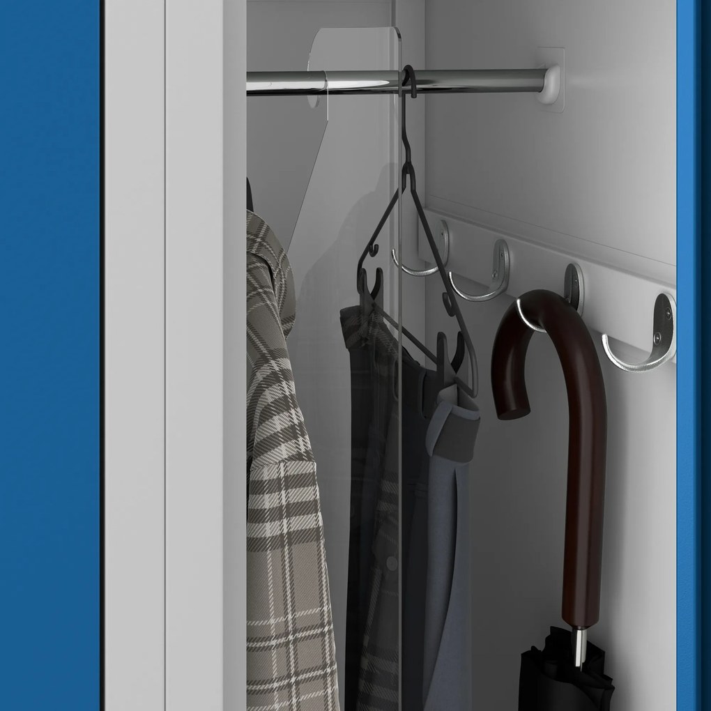 Pléh öltözőszekrény talpazaton, négymodulos, polcokkal KACPER II, 600 x 1800 x 500 mm, kék