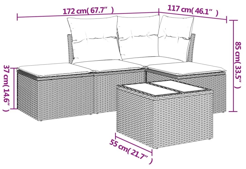 5 részes világosszürke polyrattan kerti ülőgarnitúra párnákkal