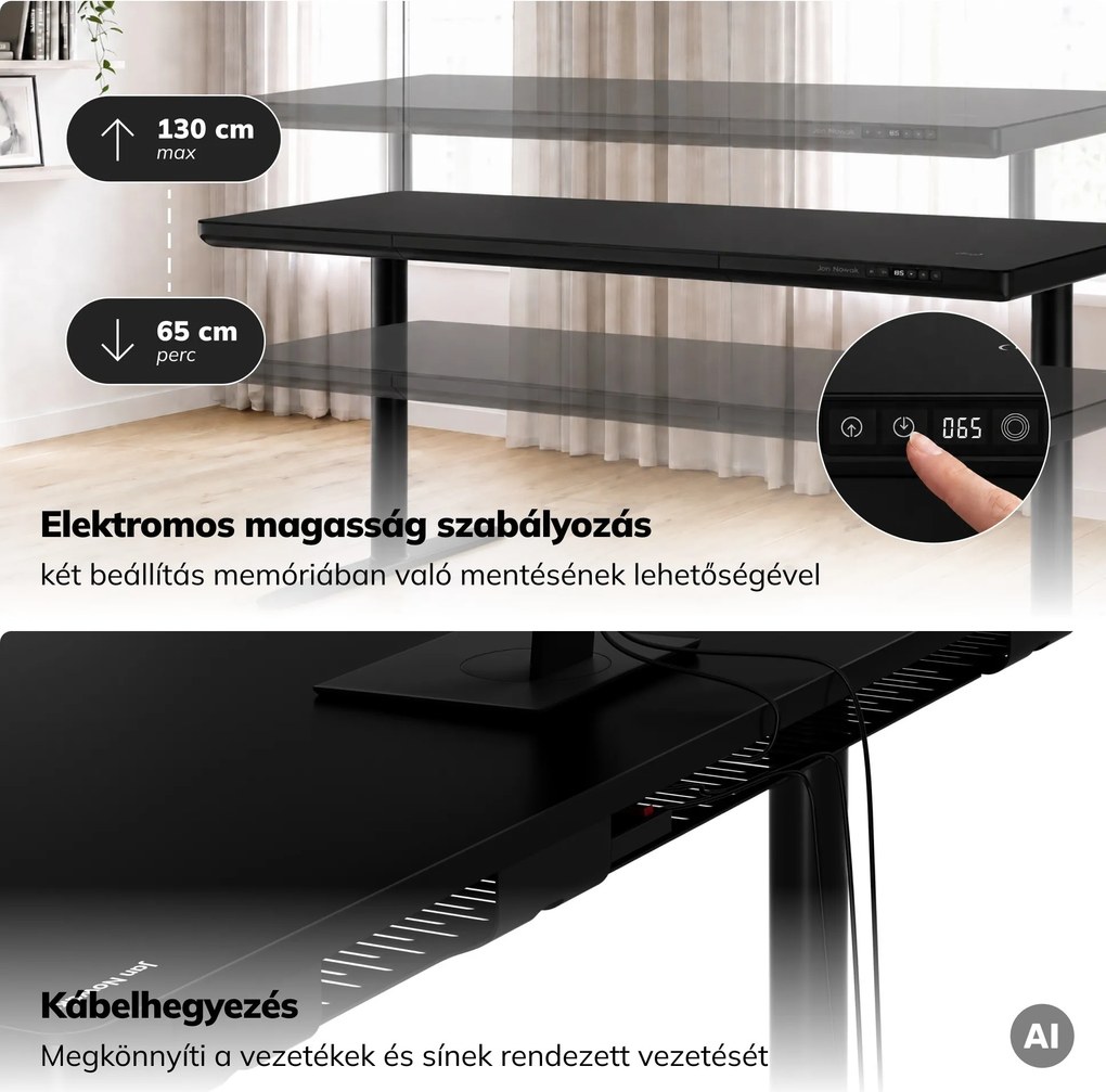 Elektromos ülő-álló íróasztal fiókkal és Qi vezeték nélküli töltővel fekete, 1600 mm: ELLIS