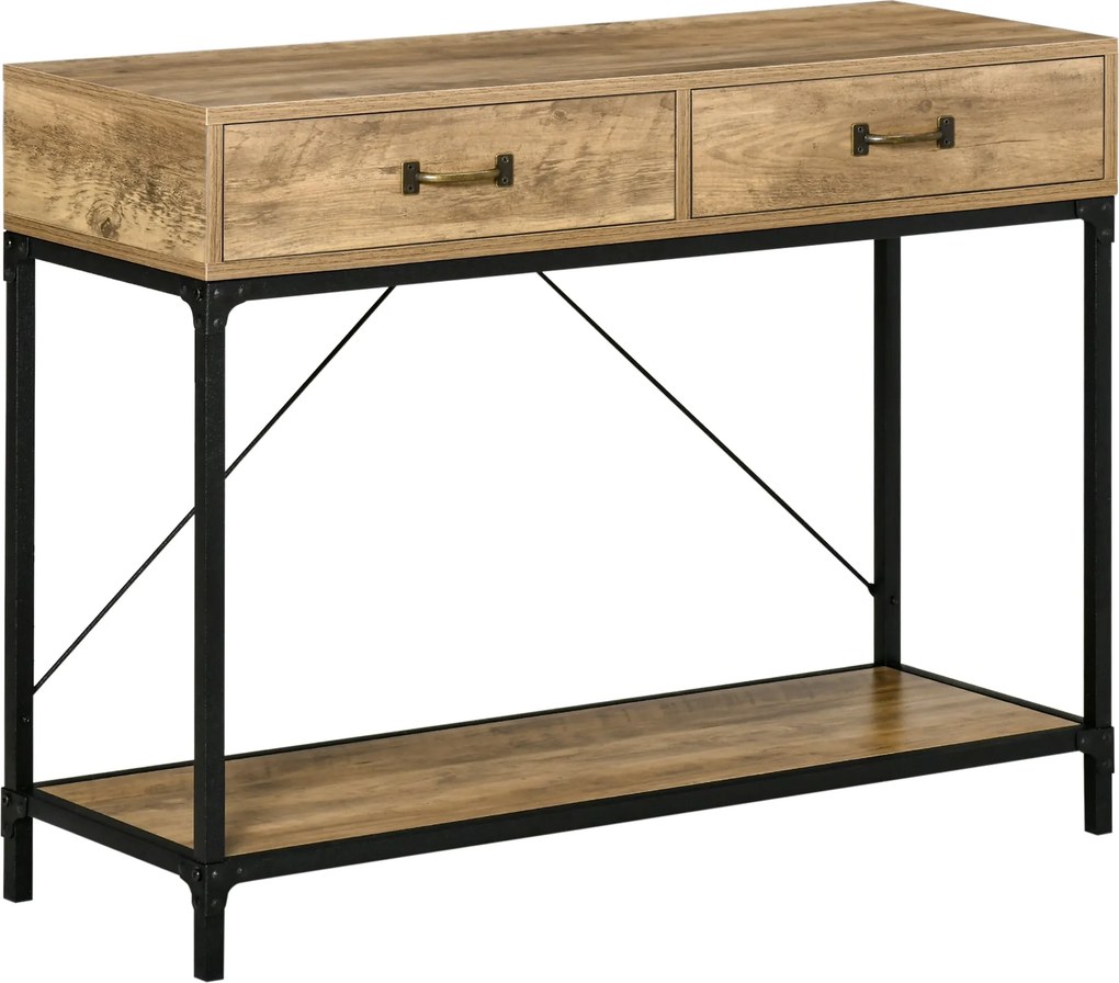 HOMCOM Konzol Asztal Polccal és 2 Fiókkal, 100 x 35 x 76,5 cm, Oldalsó Asztal, Kávézó Asztal, Kiállítós Asztal Kicsi Terekhez, Előszobához, Folyosóra,