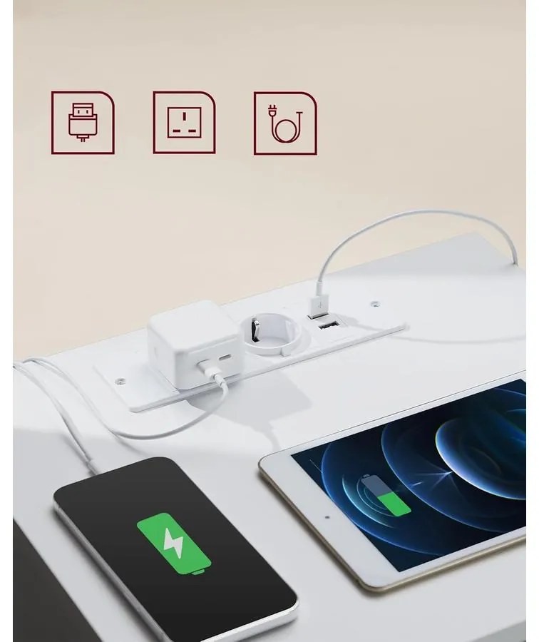 VASAGLE éjjeliszekrény 2 darabos szett, 2 hálózati aljzattal és 2 USB-porttal, fehér színben