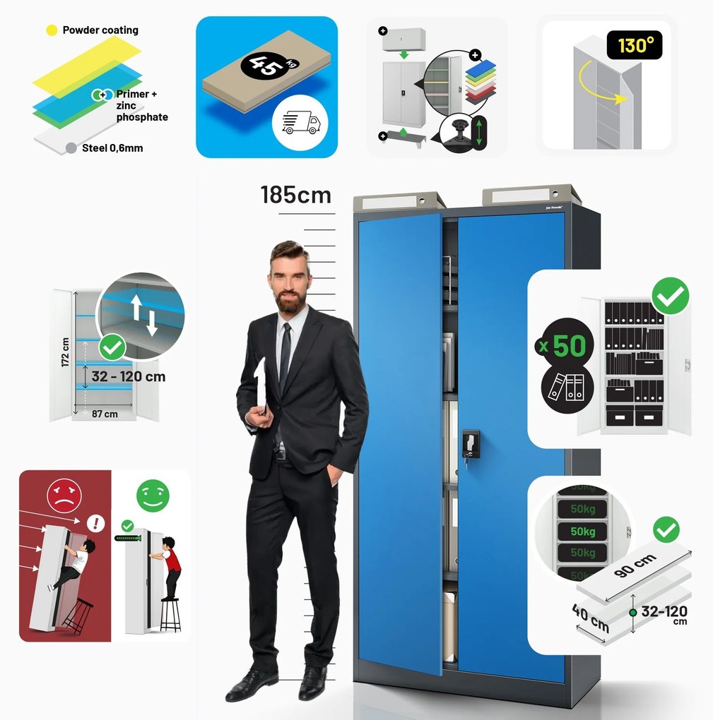 Fém iratszekrény JAN, 900 x 1850 x 400 mm, antracit-kék