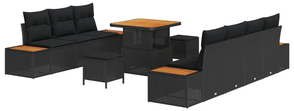 10 részes Kert Szófa Készlet Párnákkal Fekete Poli Rattan Akác, 3 részes Kert Étkező Készlet Párnákkal Fekete Poli Rattan Akác
