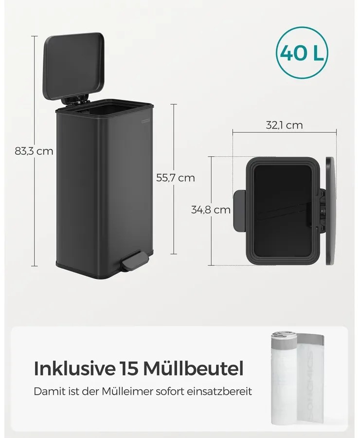 Konyhai szemetes 40L, nagy pedálos kuka fedéllel, 15 szemeteszsák mellékelve, fekete