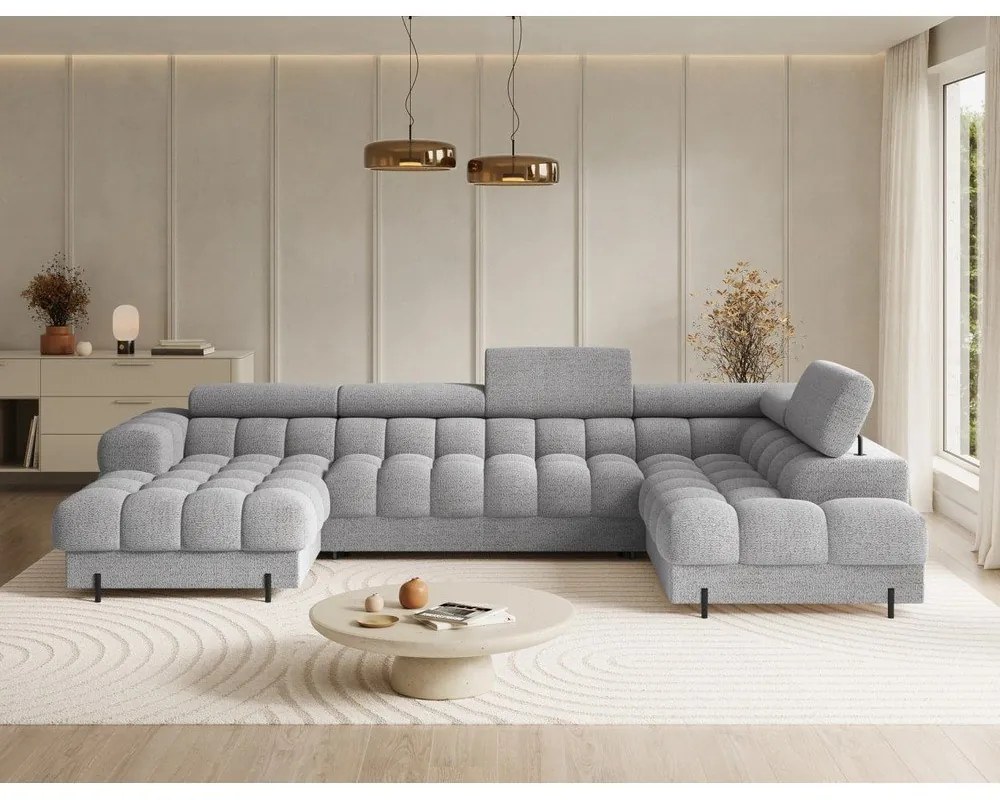 Szürke buklé kinyitható sarokkanapé (jobb oldali-U alakú) Feraria – ELTAP
