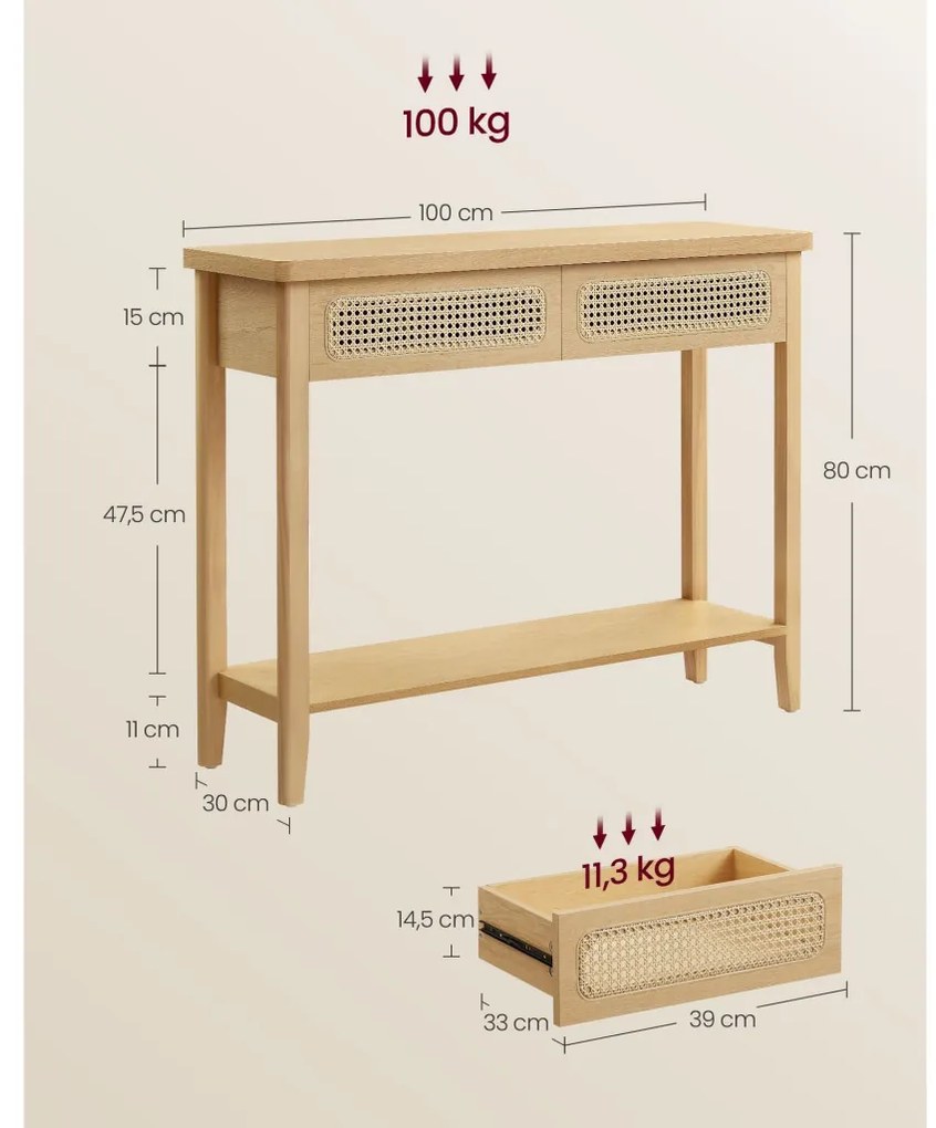 Konzolasztal két fiókkal, rattan hatású előlap, tölgy 100x30x80cm