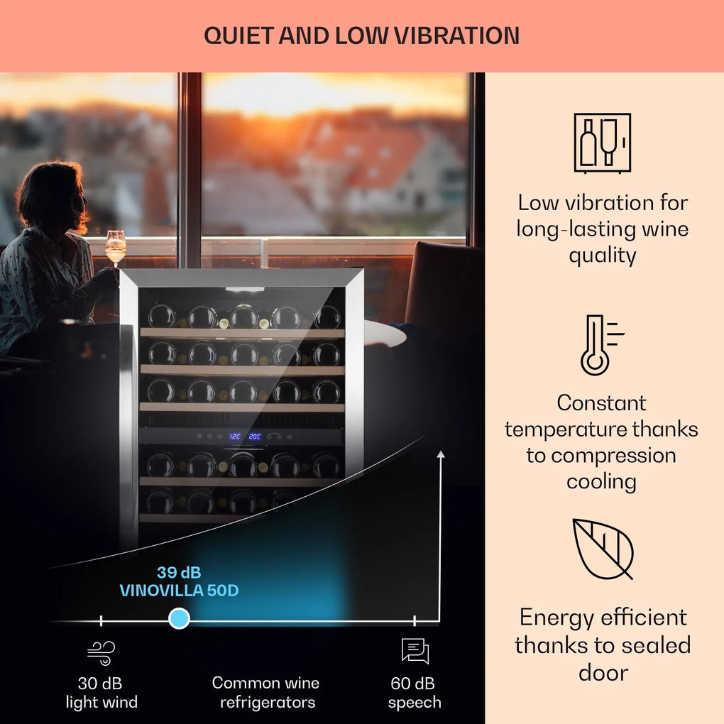 Klarstein Vinovilla 50 Duo, 2 zónás borhűtő, 53 liter, 17 palack, 3-színű LED világítás, üvegajtó