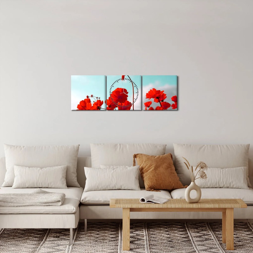 Fényes piros virágokkal rendelkező mező képe (órával) (90x30 cm)