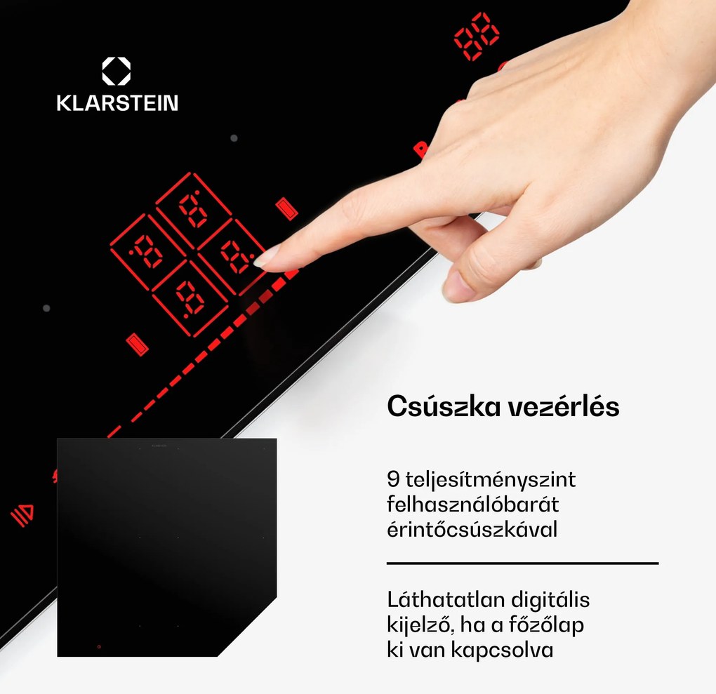 Klarstein NanoGlow indukciós főzőlap, 4 főzőlap, flexi zónák, booster, nano bevonat