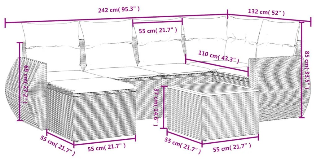 7 részes fekete polyrattan kerti ülőgarnitúra párnával