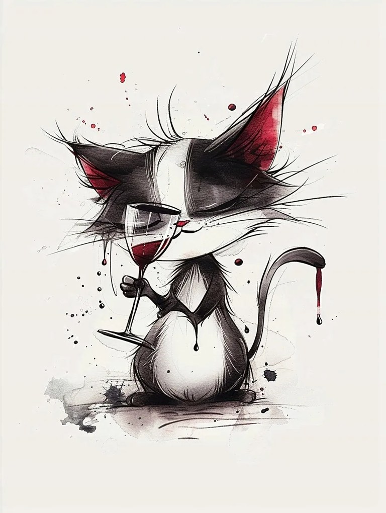 Vászonkép Canvas Grafika Rajz Macska Bor Pohár 75x100