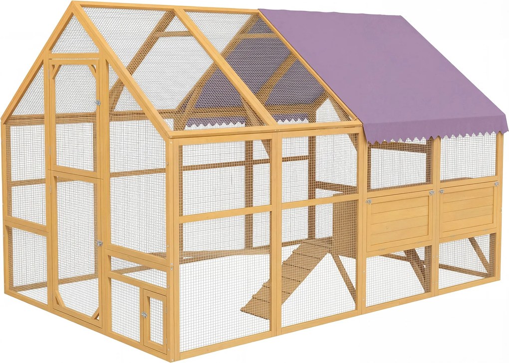 PawHut fa tyúk kifutó, kb. 5,2 m² (280 x 185,5 x 188 cm) kültéri kifutó fedett résszel, zárható ajtóval, rámpával, 4 fészekodúval — sárga (8–12 tyúkho