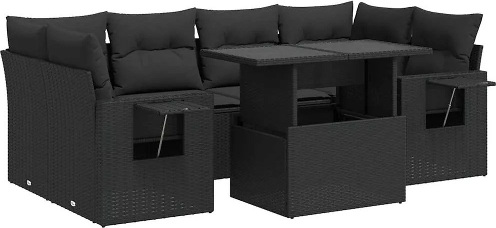 vidaXL 7 részes fekete polyrattan kerti ülőgarnitúra párnával