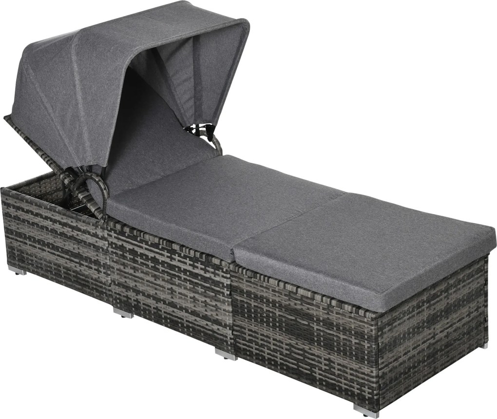 Outsunny Poly Rattan Napágy Napernyővel - Állítható Rattan Napágy Kertbútor Párnával Szürke 195 x 65 x 40 cm | Aosom