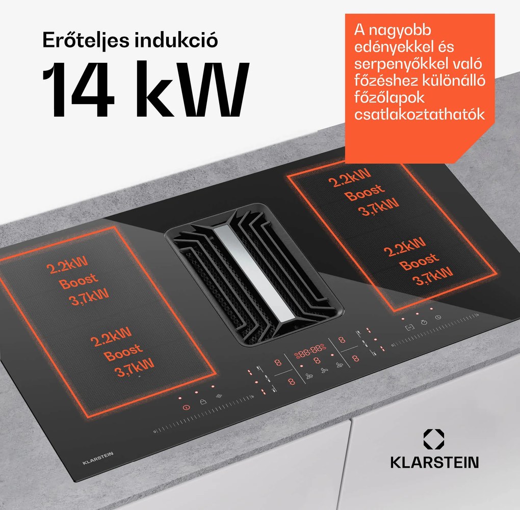 Klarstein AirJet FlexPro Down Air System, Indukciós főzőlap + páraelszívó, Flexi zóna, Booster