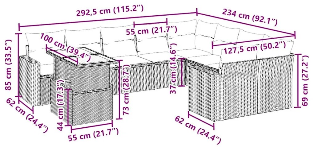 10 részes bézs polyrattan kerti ülőgarnitúra párnával