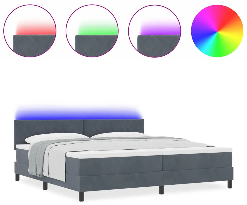 Boxspring Ágy Mattal és LED Fekete Szürke 200x200 cm Bársony