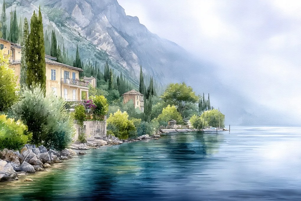 Canvas Vászonkép Olaszország Comói-tó Akvarell Hegyek Ciprus 120 x 80