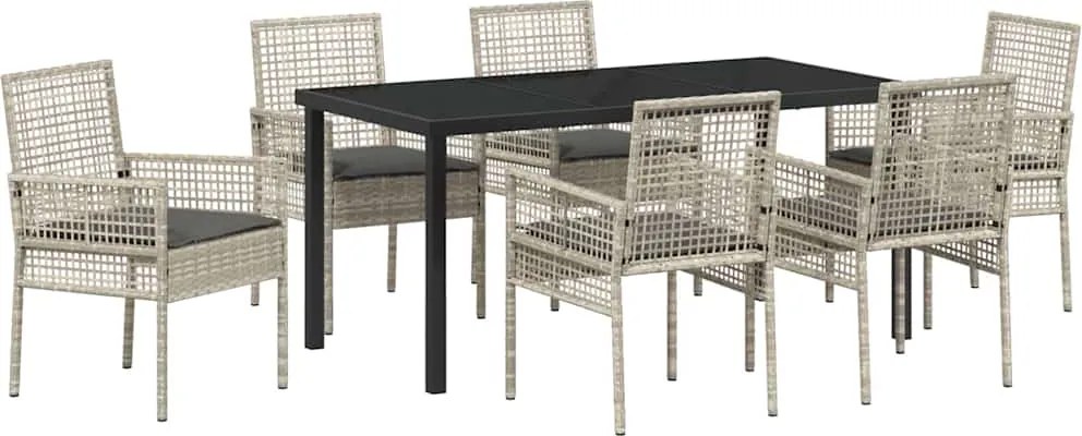 vidaXL Kert étkező szett párnával 7 pcs Világosszürke polirattan