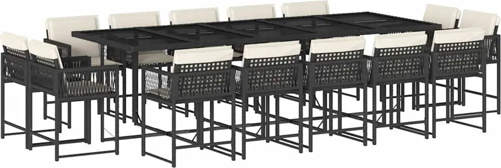 vidaXL 15 részes fekete polyrattan kerti étkezőgarnitúra párnákkal
