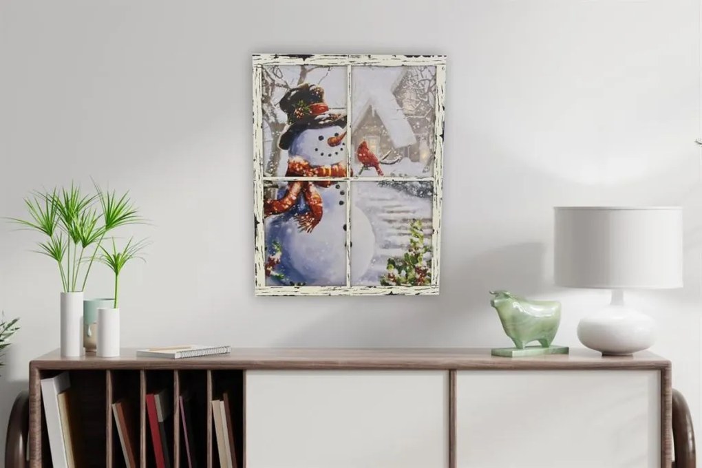 Fali kép hóember az ablakban 3 LED 49 x 38,5 cm