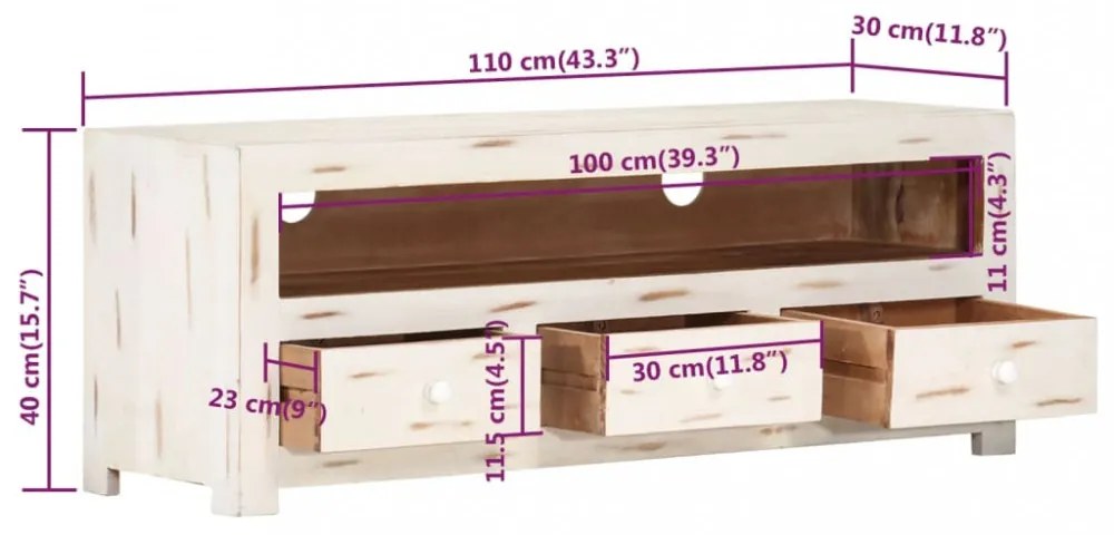 fehér tömör akácfa TV-szekrény 110 x 30 x 40 cm