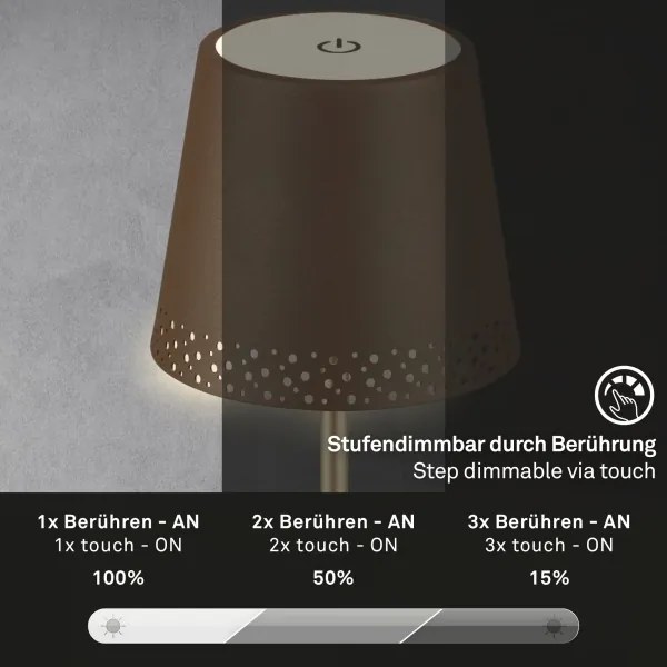 Brilo - KIKI tölthető, érintésvezérelt LED asztali lámpa, 2,6 W/5 V, IP44, 2600 mAh, barna