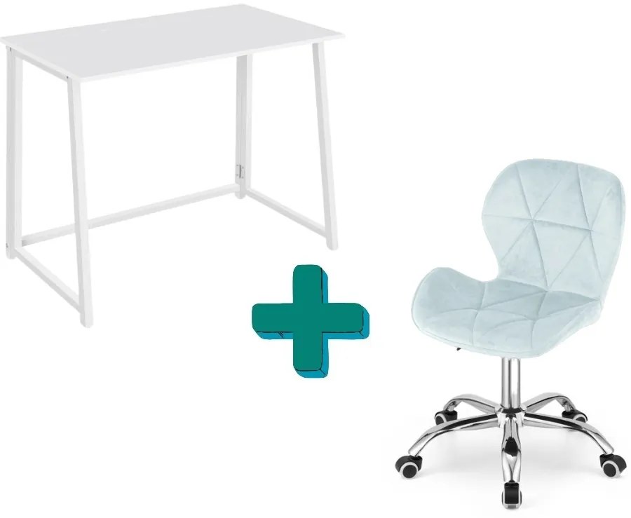 Dolgozószobai szett – összecsukható íróasztal ZARIMO 80×40 cm, fehér + irodai szék AVOLA VELVET világoskék