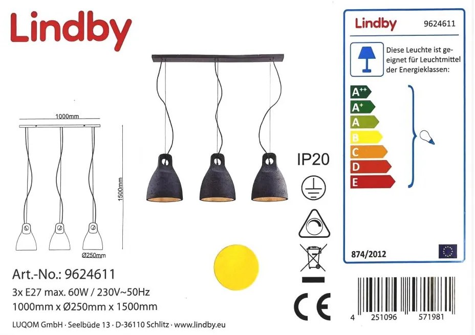 Lindby - Csillár zsinóron IBU 3xE27/60W/230V