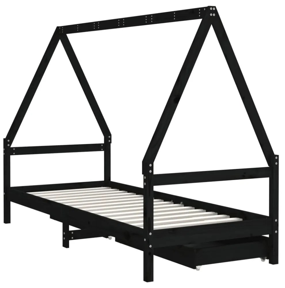 fekete tömör fenyőfa gyerekágykeret fiókokkal 90 x 200 cm