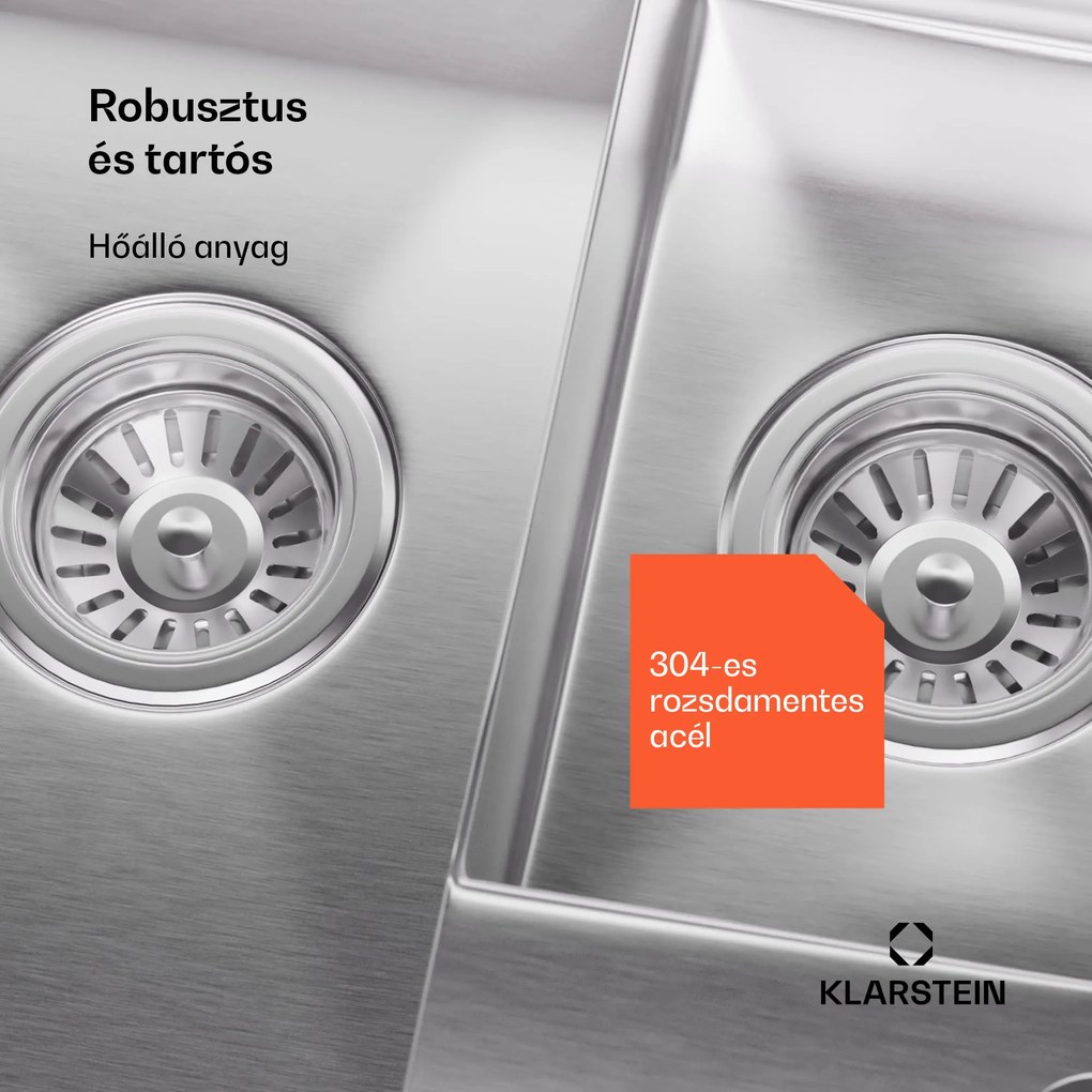 Klarstein TitanSteel konyhai mosogató, 61 x 50 cm, 2 mosogató, rozsdamentes acél, tűzálló