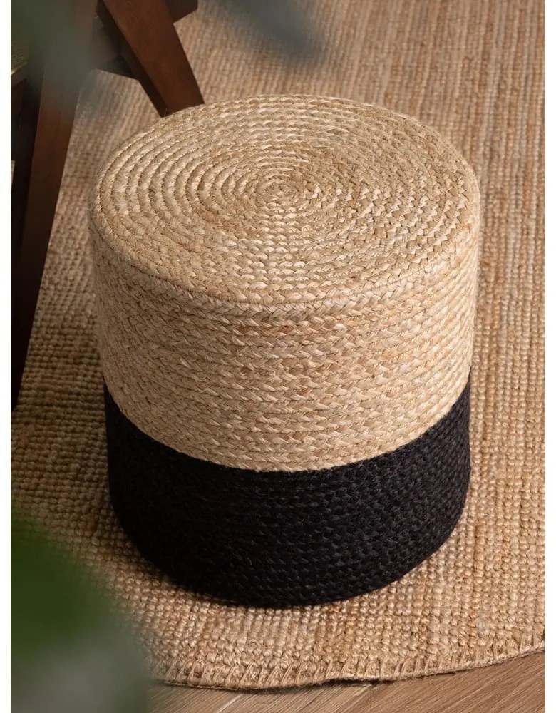 Fekete-natúr színű puff Juta Gold Black – Hanse Home