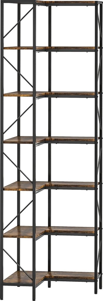 HOMCOM 7 Polcos L-alakú Sarok Könyvespolc, Ipari Tároló Polc a Nappaliba, Hálószobába, Irodába, 60 x 60 x 198 cm, Rusztikus Barna | Aosom