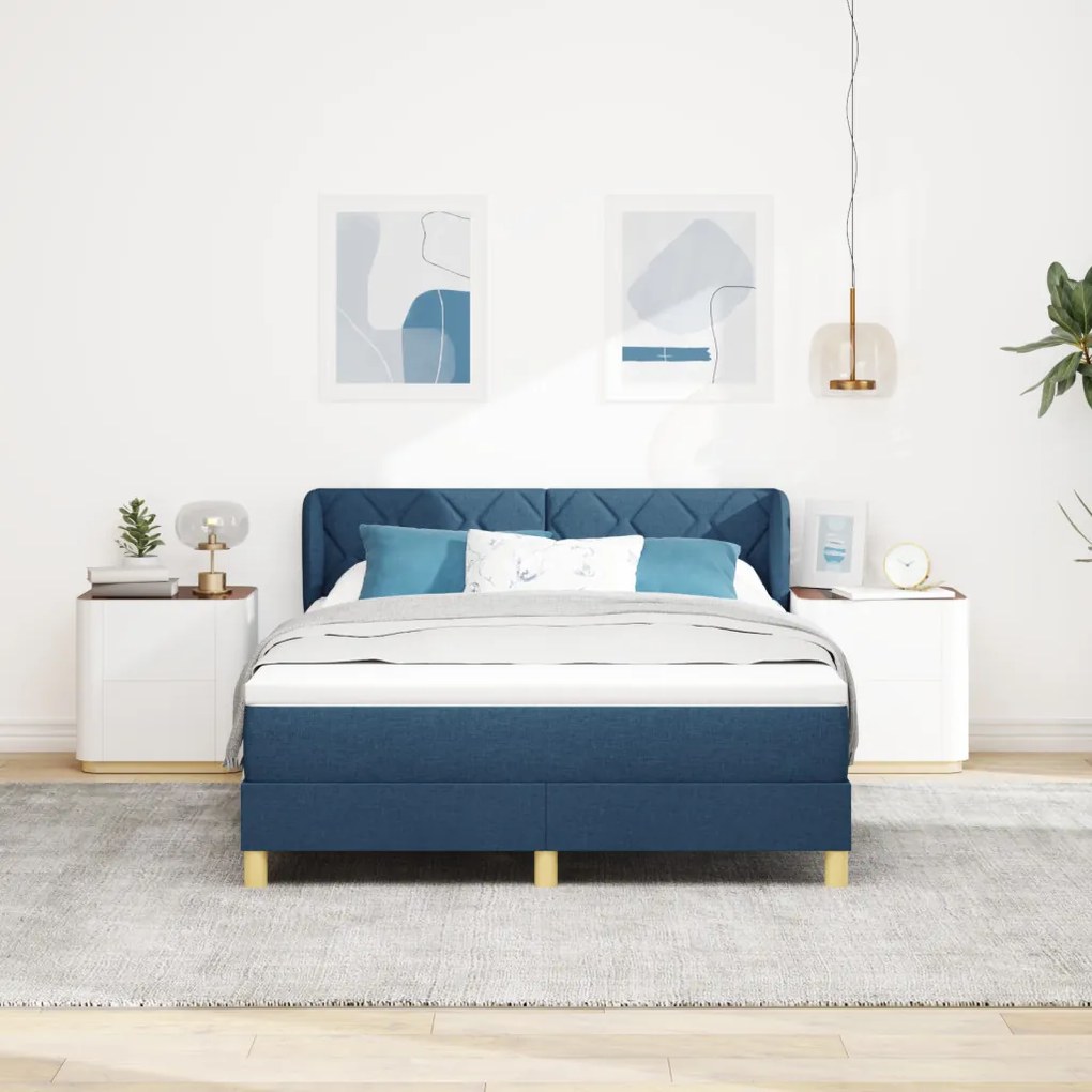 Boxspring Ágy Mattal - Kék, 160x200 cm, Szövet