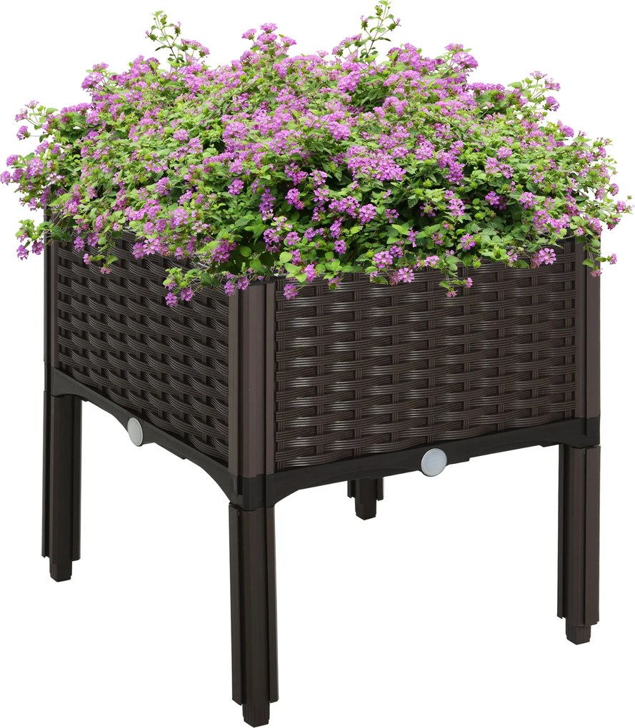 Outsunny Emelt Ágyás, Virágcserép Leeresztő Lyukkal, Rattan Hatású Virágtartó, Műanyag, Barna, 40 x 40 x 44 cm | Aosom